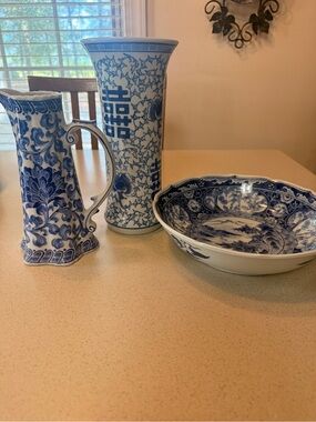 Andrea By Sadek Blue and White Porcelain Vase, Pitcher & Bowl Set